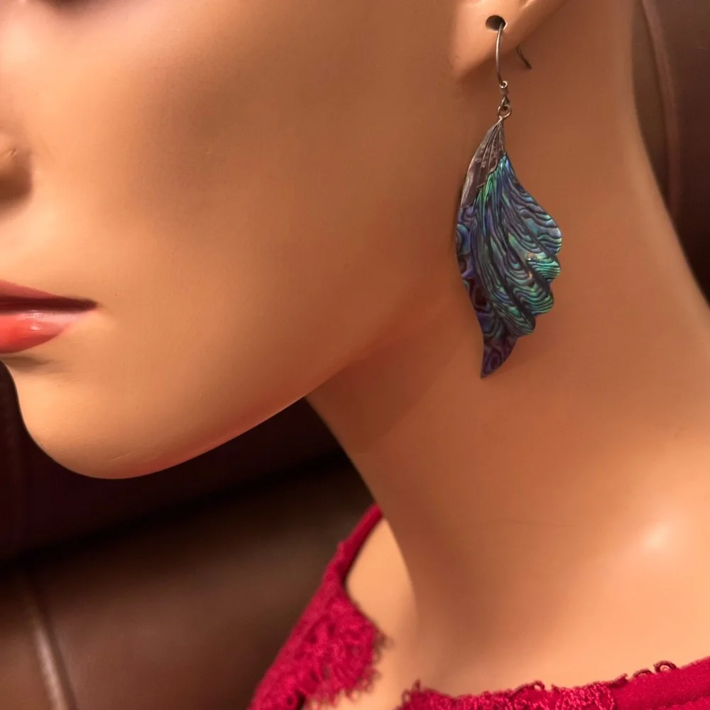 Beautiful abalone and silver plate feather earrings